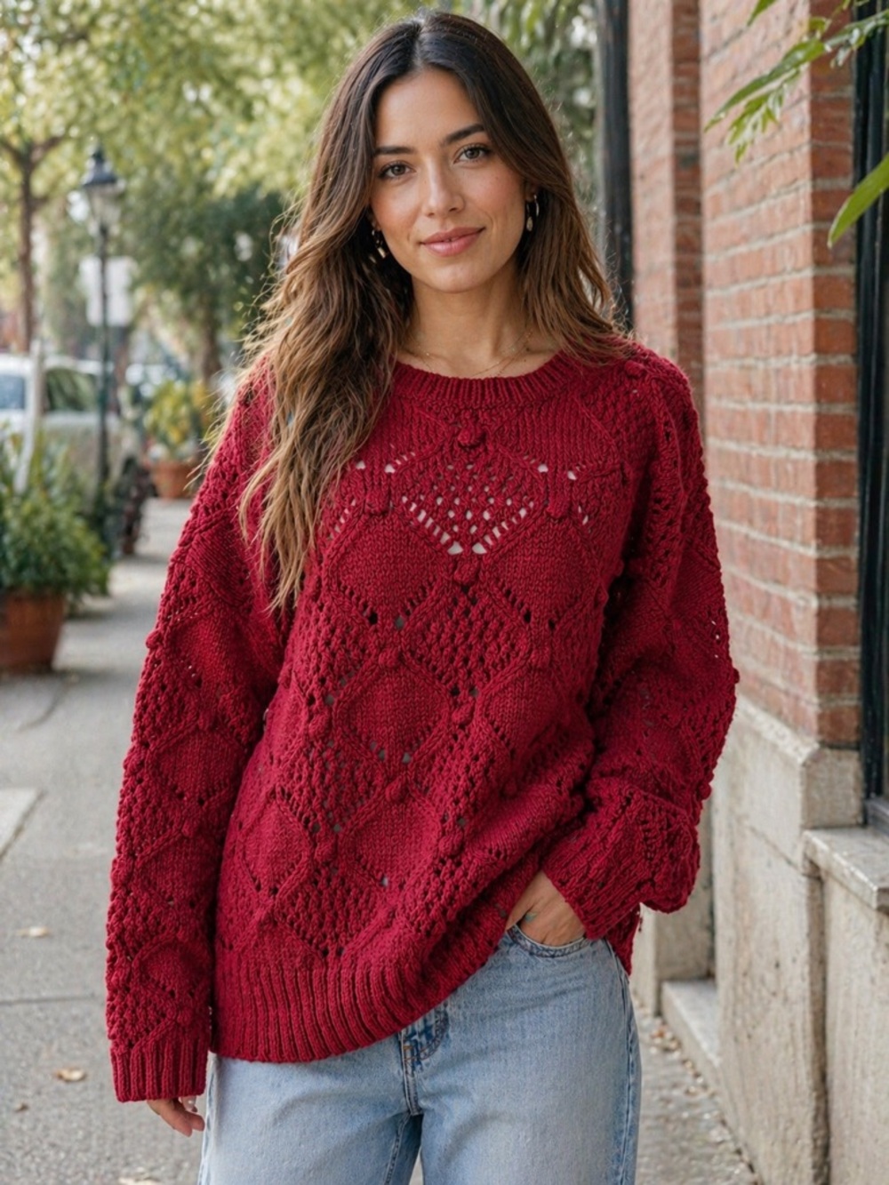 78&Sunny Oversized Knit Fisherman Crochet Sweater – Boho Textured Crewneck